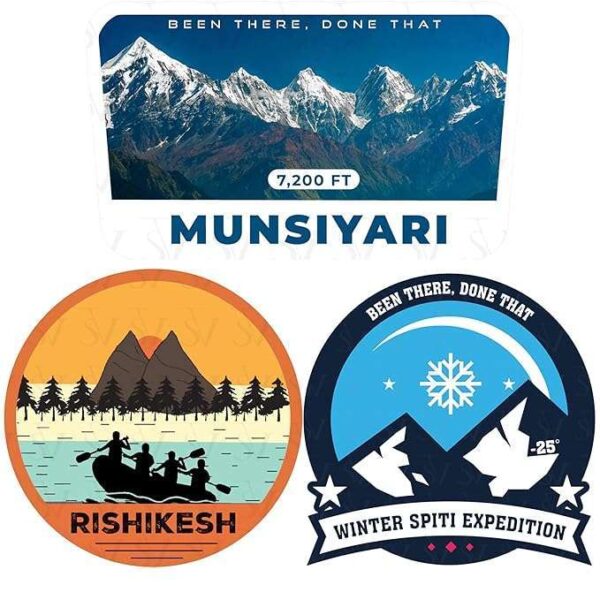 Stick The Vibe - India Series - Munsiyari, Rishikesh & Winter Spiti Expedition, Vinyl Stickers - Decals - Peel & Stick, Sticker for Bike | Helmet | Laptop | Wall Etc. - 3 Inch X 3 Inch (Each) - Pack of 3 Stickers