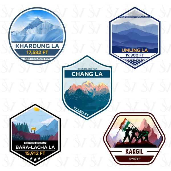 Stick The Vibe - India Series - Bara-Lacha, Chang La, Khardung La, Umling La & Kargil, Vinyl Stickers - Decals - Peel & Stick, Sticker for Bike, Helmet, Laptop, Etc. Pack of 5 Stickers