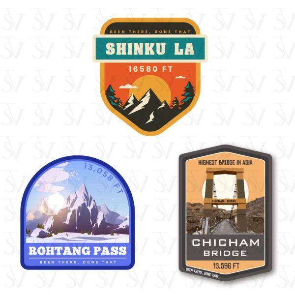 Stick The Vibe - India Series -Chicham Bridge, Shinku La & Rothang Pass, Vinyl Stickers - Decals - Peel & Stick, Sticker for Bike | Helmet | Laptop | Wall Etc. - 3 Inch X 3 Inch - Pack of 3 Stickers