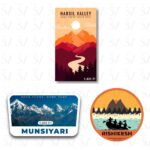 Uttarakhand stickers with Harsil, Munsiyari and Rishikesh landscapes