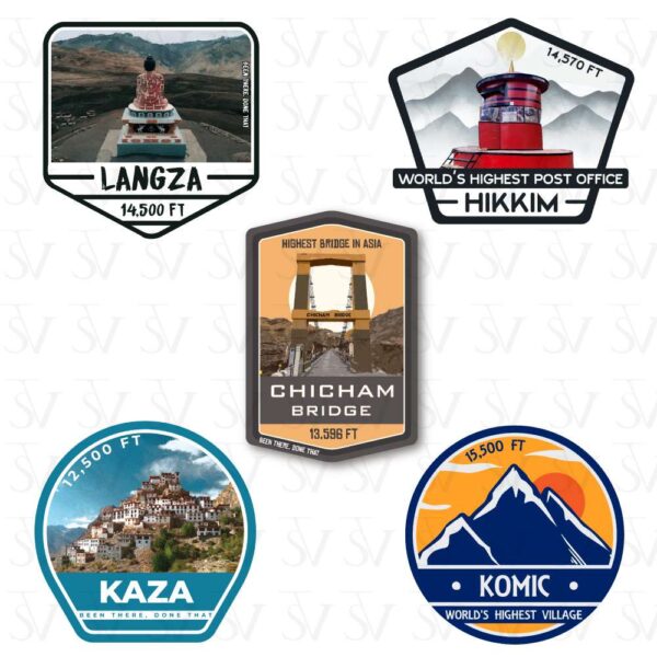 Stick The Vibe - India Series - Hikkim, Kaza, Komic, Langza & Chicham Bridge, Vinyl Stickers - Decals - Peel & Stick, Sticker for Bike, Helmet, Laptop, Etc. Pack of 5 Stickers