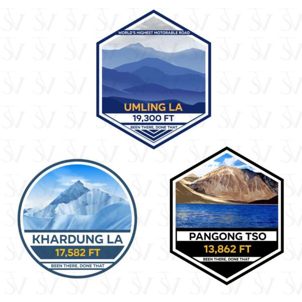 Stick The Vibe - India Series - Khardung La, Pangong TSO & Umling La, Vinyl Stickers - Decals - Peel & Stick, Sticker for Bike | Helmet | Laptop | Wall Etc. - 3 Inch X 3 Inch - Pack of 3 Stickers