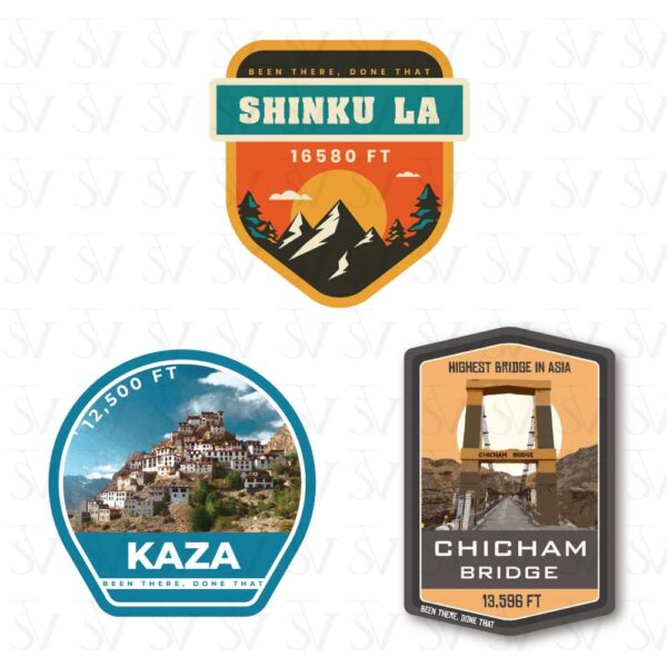Stick The Vibe - India Series - Kaza, Chicham Bridge & Shinku La, Vinyl Stickers - Decals - Peel & Stick, Sticker for Bike | Helmet | Laptop | Wall Etc. - 3 Inch X 3 Inch (Each) - Pack of 3 Stickers