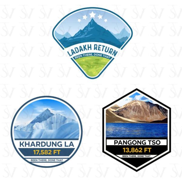 Stick The Vibe - India Series - Ladakh Return, Khardung La & Pangong TSO, Vinyl Stickers - Decals - Peel & Stick, Sticker for Bike | Helmet | Laptop | Wall Etc. - 3 Inch X 3 Inch - Pack of 3 Stickers