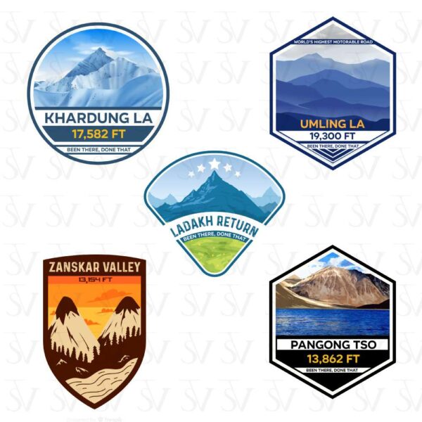 Stick The Vibe - India Series - Ladakh-Return, Khardung-La, Pangong-Tso, Umling-La & Zanskar-Valley, Vinyl Stickers - Decals - Peel & Stick, Sticker for Bike, Helmet, Laptop, Etc. Pack of 5 Stickers