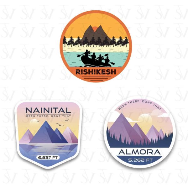 Stick The Vibe - India Series - Rishikesh, Almora & Nanital, Vinyl Stickers - Decals - Peel & Stick, Sticker for Bike | Helmet | Laptop | Wall Etc. - 3 Inch X 3 Inch (Each) - Pack of 3 Stickers