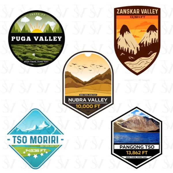 Stick The Vibe - India Series - Zanskar-Valley, Nubra-Valley, Pangong-Tso, Tso-Moriri & Puga-Valley, Vinyl Stickers - Decals - Peel & Stick, Sticker for Bike, Helmet, Laptop, Etc. Pack of 5 Stickers