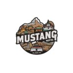 Mustang Nepal sticker with mountains and monastery illustration