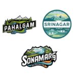 Kashmir travel stickers with Srinagar, Pahalgam and Sonamarg landscapes