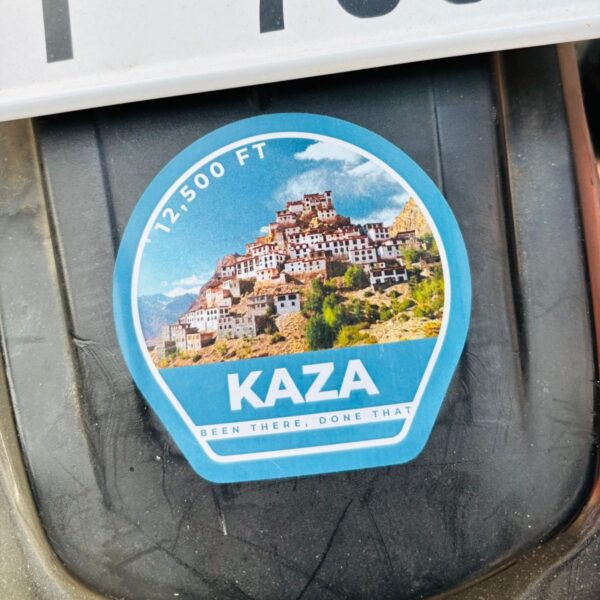 Kaza 12,500 FT sticker showing the hilltop Ki Monastery and 'Been There, Done That'.