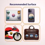 Display of sticker placement ideas on surfaces: laptop, phone case, motorcycle, and bag.
