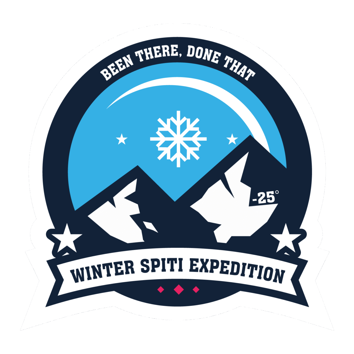Round sticker of winter spiti expedition in white and dard blue color.