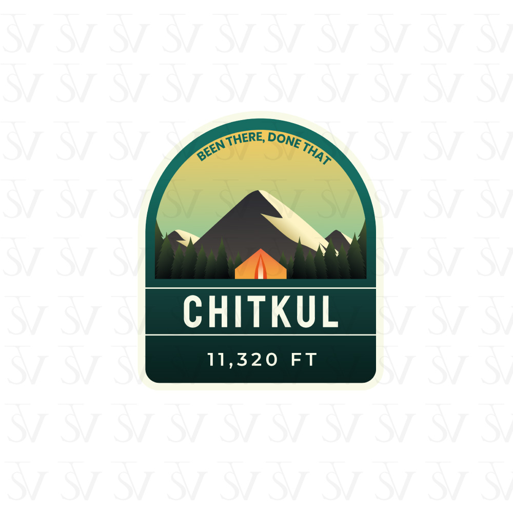 Chitkul Green arch-shaped badge for Chitkul village featuring a tent, mountains, and the altitude 11,320 ft.