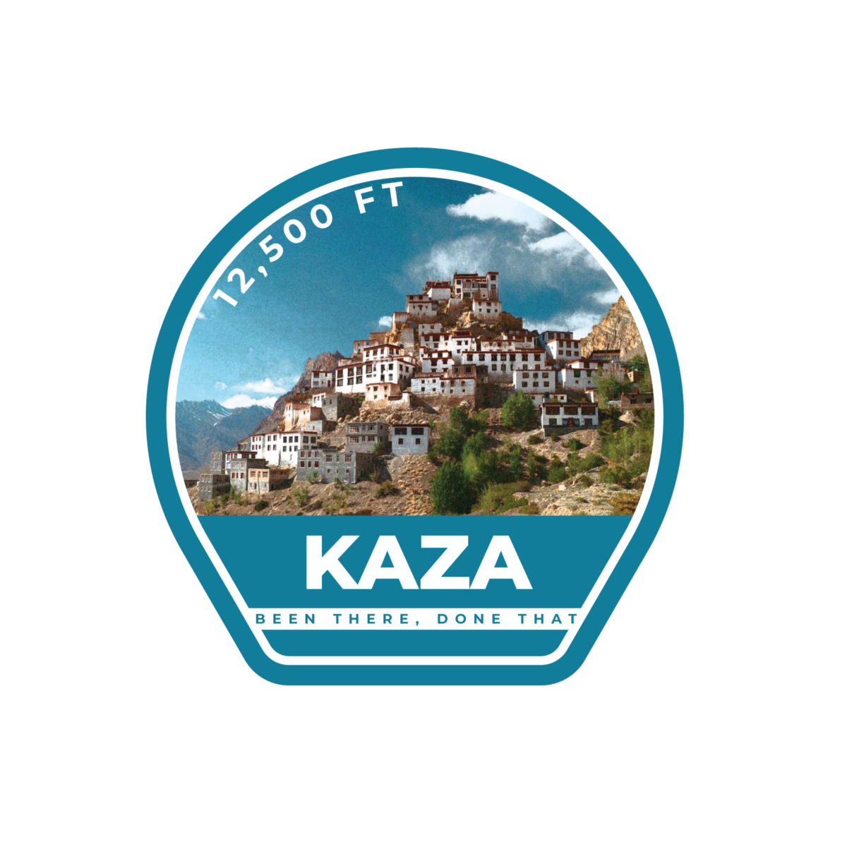 Kaza Circular badge of Kaza showing the iconic Key Monastery on a hill with 12,500 ft altitude.