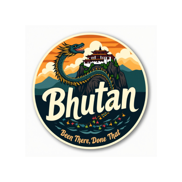 Bhutan travel sticker featuring Thunder Dragon Tiger's Nest Monastery and Himalayan landscape