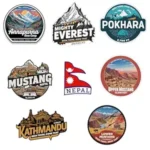 Nepal travel stickers with Everest Annapurna Pokhara Mustang