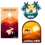 India travel stickers with Harsil Goa and Jaisalmer designs