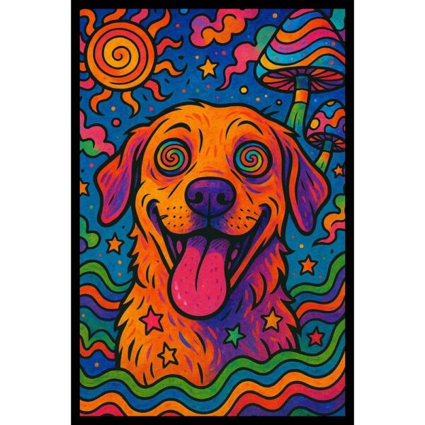Psychedelic colorful dog illustration with trippy patterns and vibrant background