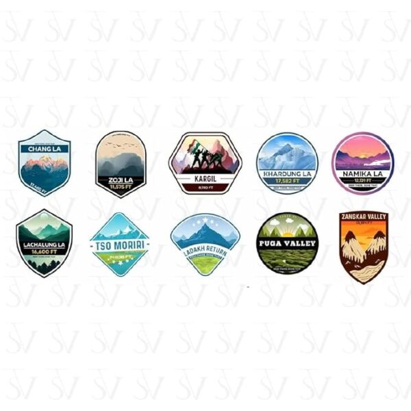 Ladakh travel sticker set with mountain passes and valleys