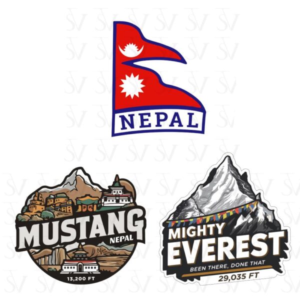 Nepal, Mustang & Mount Everest sticker pack featuring three Himalayan adventure designs. Perfect travel stickers for laptops, water bottles, and backpacks.