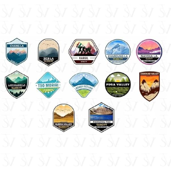 Ladakh travel stickers with mountains, valleys, and iconic passes