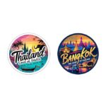 Thailand Bangkok travel sticker with temples and tropical sunset illustration
