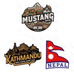 Nepal travel stickers with Mustang and Kathmandu designs