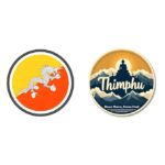 Bhutan travel stickers with Thimphu and flag design