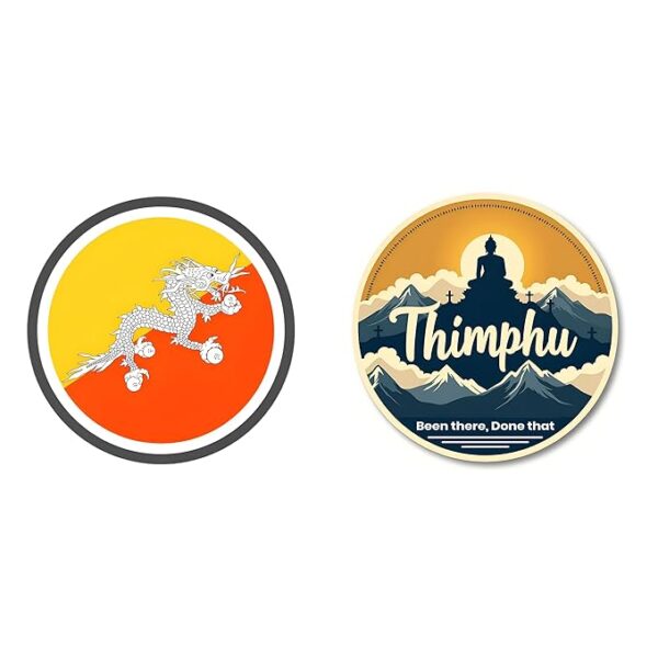 Bhutan travel stickers with Thimphu and flag design