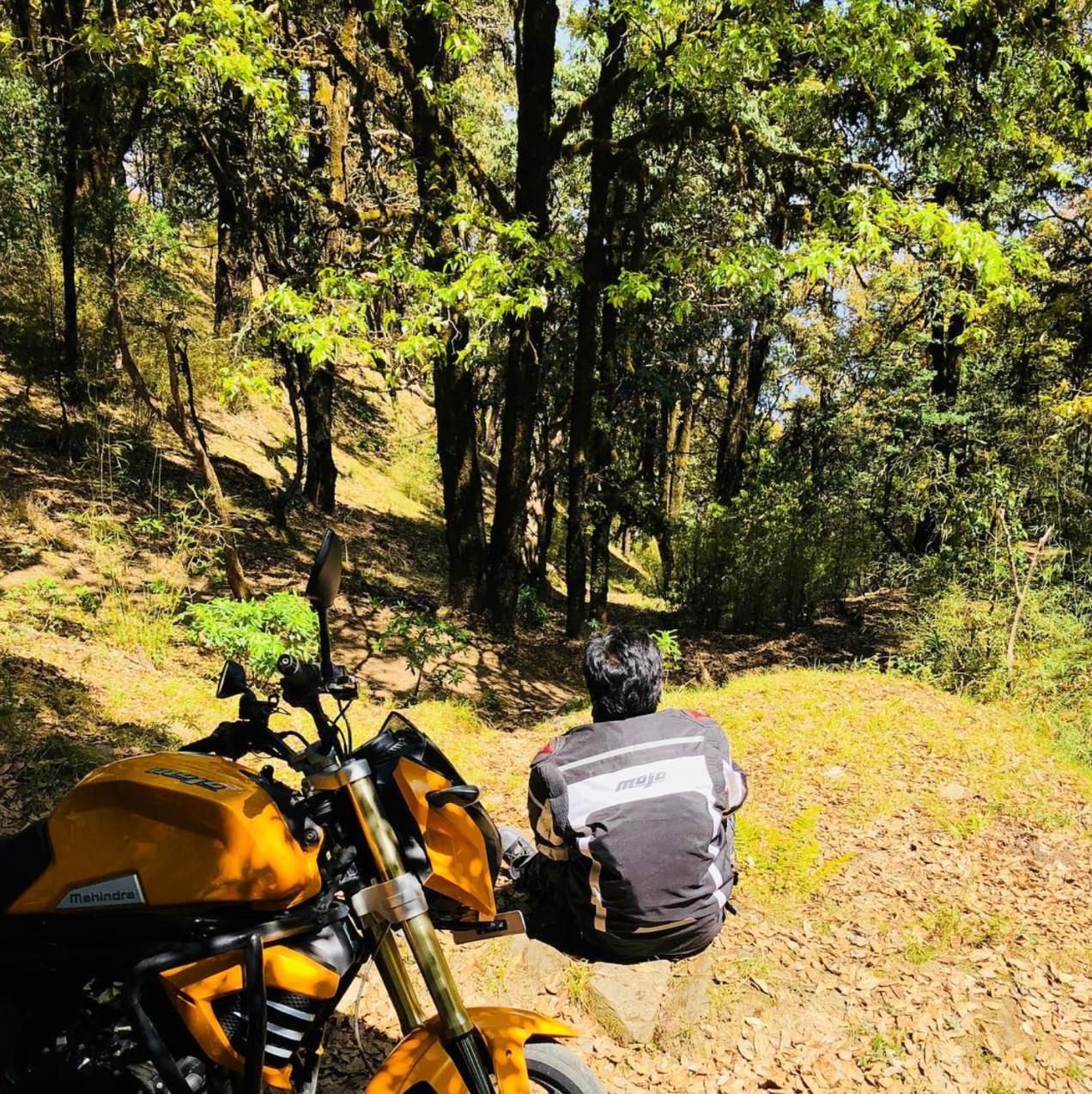 Aditya Prakash, of aadiprakash.com and Stick The Vibe, sitting on a rock beside his yellow Mahindra Mojo motorcycle on a forest trail during a Kumaon, Uttarakhand road trip.